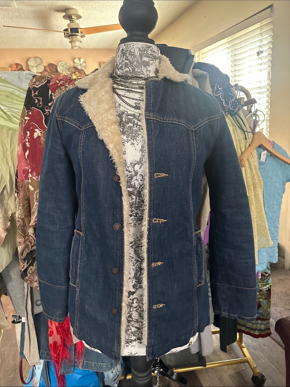 Earl Jeans Dark Blue Denim Jacket with Cream Faux Shearling Trim